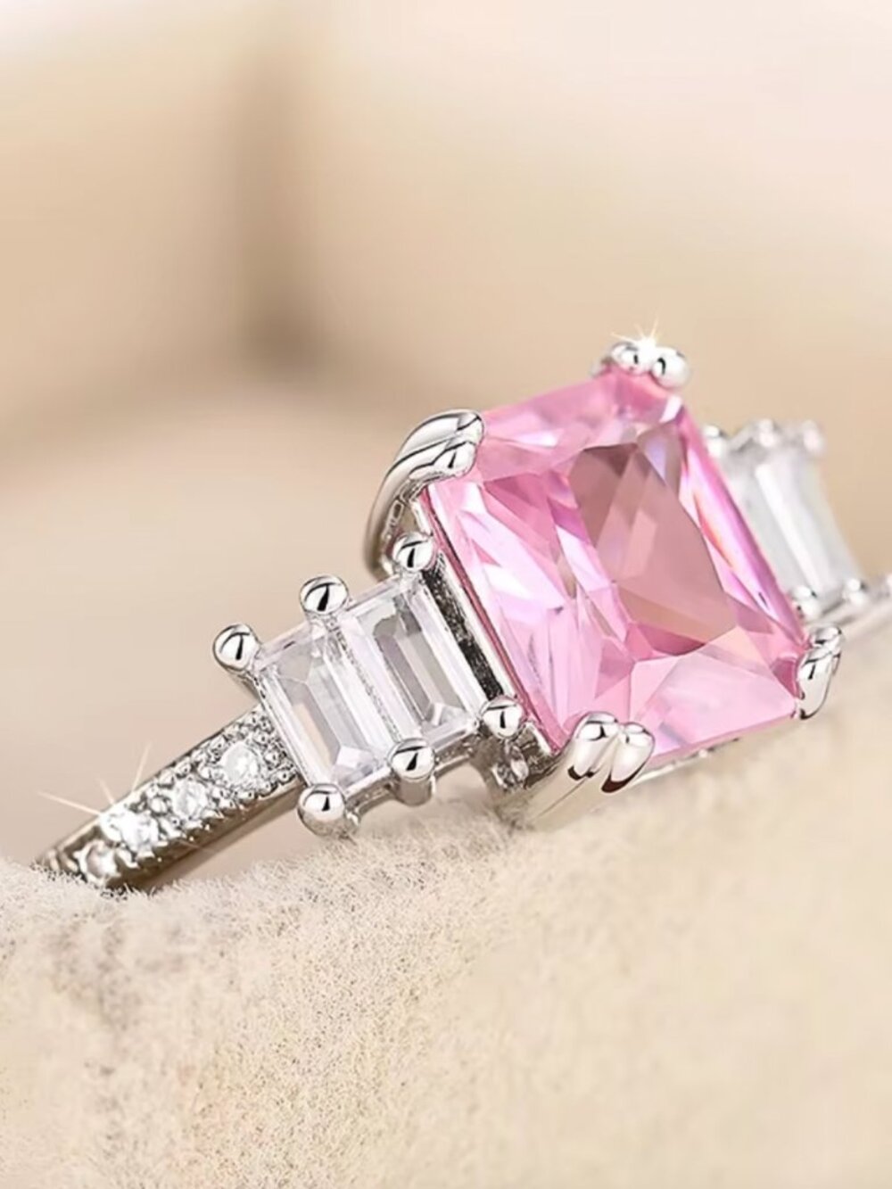 Pink Emerald-Cut Center Stone Three-Stone Ring - Picture 3 of 4